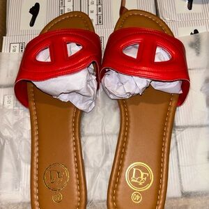 Women's Red Slide Sandals with Tan Footbed by